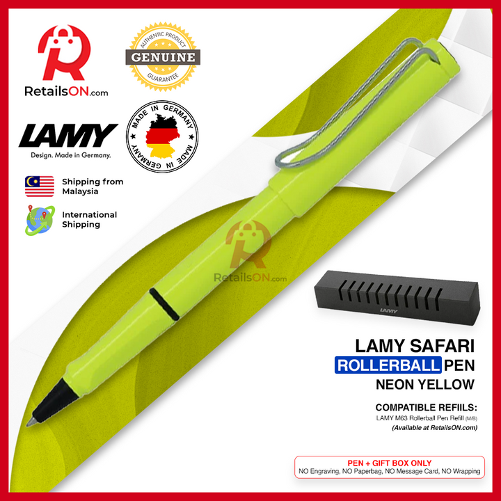 Lamy Safari Rollerball Pen - Neon Yellow (with Black - Medium (M) Refill) / {ORIGINAL, Made in Germany} / [RetailsON]
