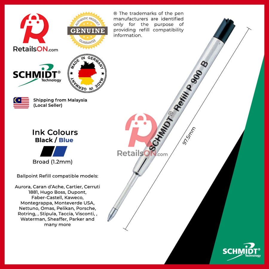 Schmidt Refill P900B for Ballpoint Pens - Broad (B) | Standard Parker-Style G2 Ballpoint Refill [1pc] - RetailsON.com (Premium Retail Collections)