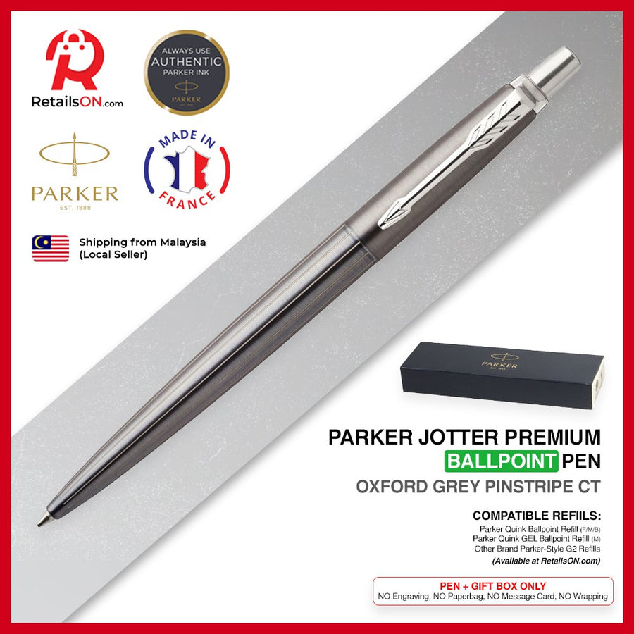 Parker Jotter Premium Ballpoint Pen - Oxford Grey Pinstripe CT (Black - Medium (M) Refill) / {ORIGINAL} / [RetailsON] - RetailsON.com (Premium Retail Collections)