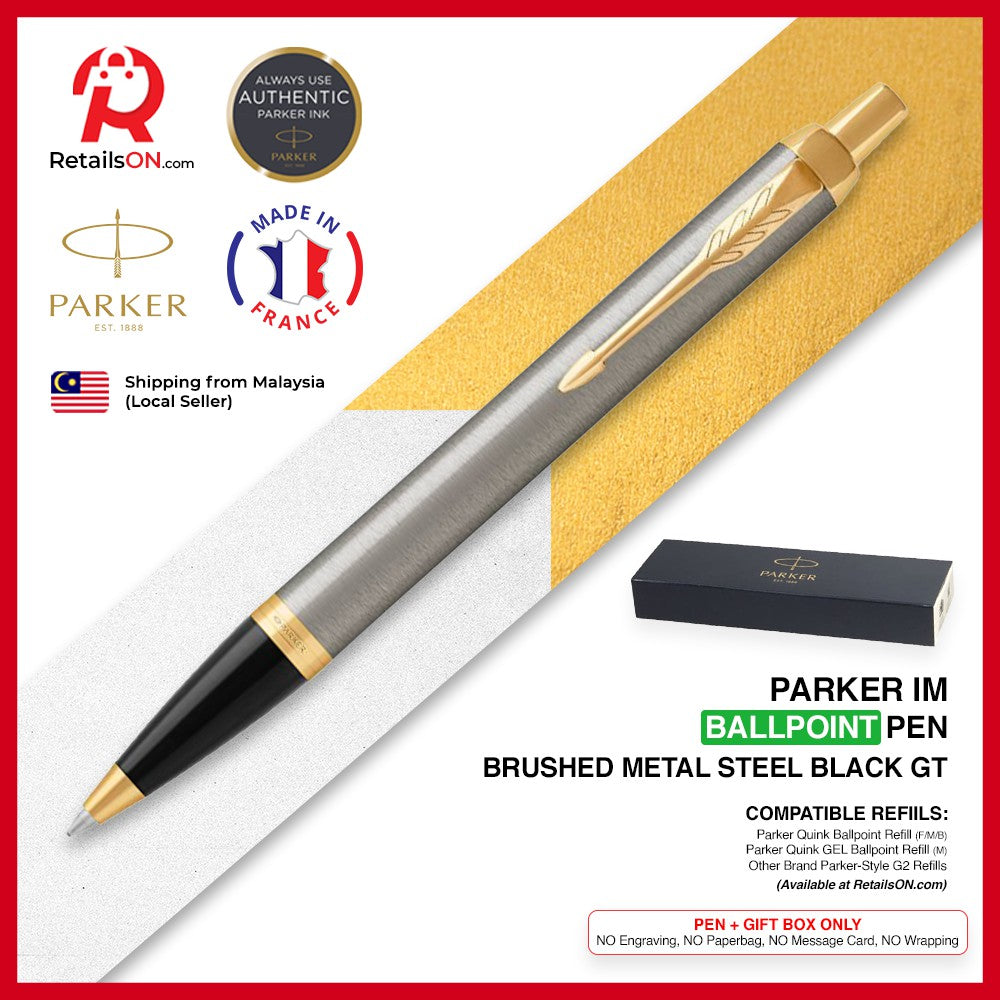 Parker IM Ballpoint Pen - Brushed Stainless Steel Gold Trim (with Black - Medium (M) Refill) / {ORIGINAL} / [RetailsON] - RetailsON.com (Premium Retail Collections)