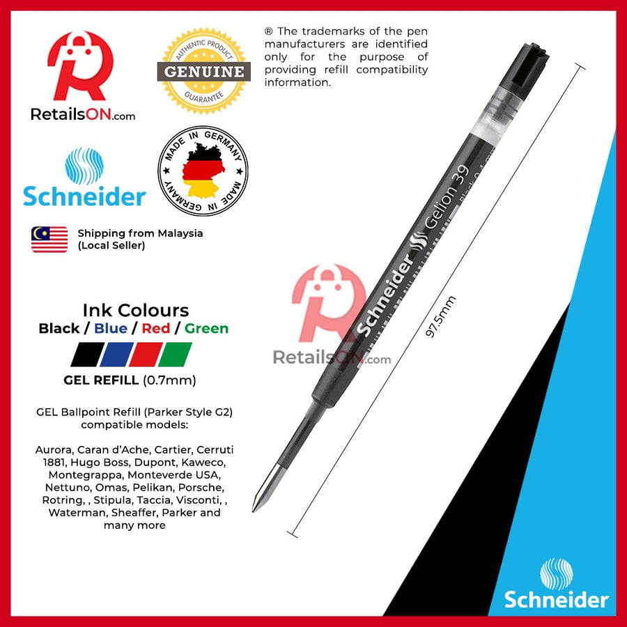 Schneider Refill Gelion 39 (Gelion+) Gel for Ballpoint Pens - Medium | Standard Parker Style G2 Ballpoint Refill [1pc] - RetailsON.com (Premium Retail Collections)