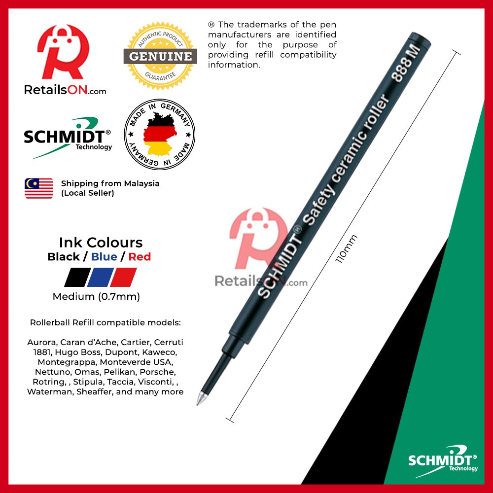Schmidt Refill 888(M/F/B) Ceramic for Rollerball Pens Compatible
