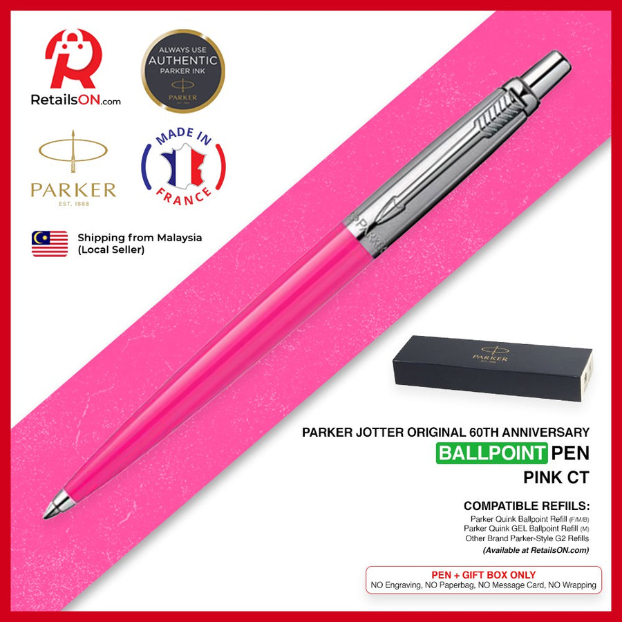 Parker Jotter Original Ballpoint Pen (60th Anniversary) - Pink Chrome Trim (with Black - Medium (M) Refill) /{ORIGINAL} - RetailsON.com (Premium Retail Collections)
