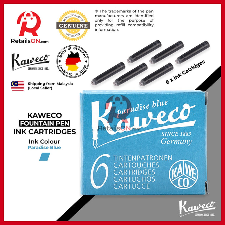 Kaweco Ink Cartridge (6 per pack) - Paradise Blue / Standard Fountain Pen Ink Cartridge (ORIGINAL) - RetailsON.com (Premium Retail Collections)
