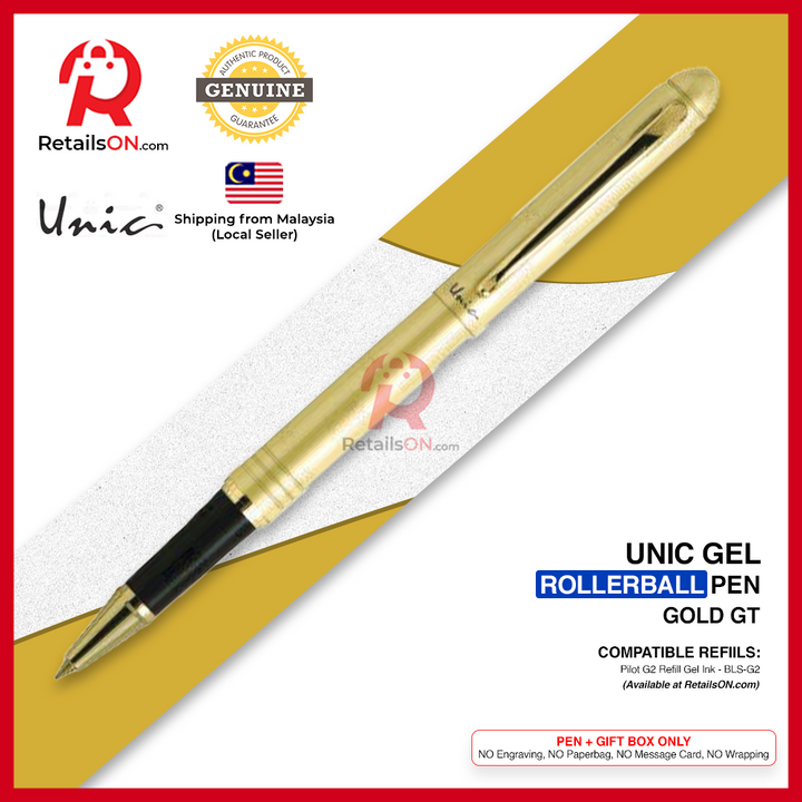 Pilot Unic Slim Rollerball Pen - Gold GT (1117GGR) / using Pilot G2 Refill - BLS-G2 / [RetailsON]