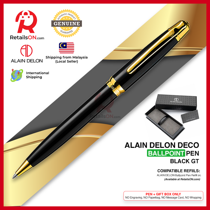 Alain Delon Deco Ballpoint Pen - Black Gold Trim (with Black - Medium (M) Refill) / {ORIGINAL} / [RetailsON]