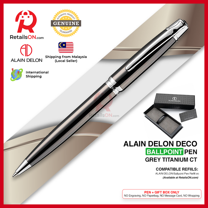Alain Delon Deco Ballpoint Pen - Grey Titanium Chrome Trim (with Black - Medium (M) Refill) / {ORIGINAL} / [RetailsON]
