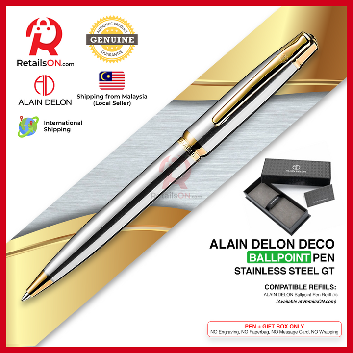 Alain Delon Deco Ballpoint Pen - Brushed Steel Gold Trim (with Black - Medium (M) Refill) / {ORIGINAL} / [RetailsON]