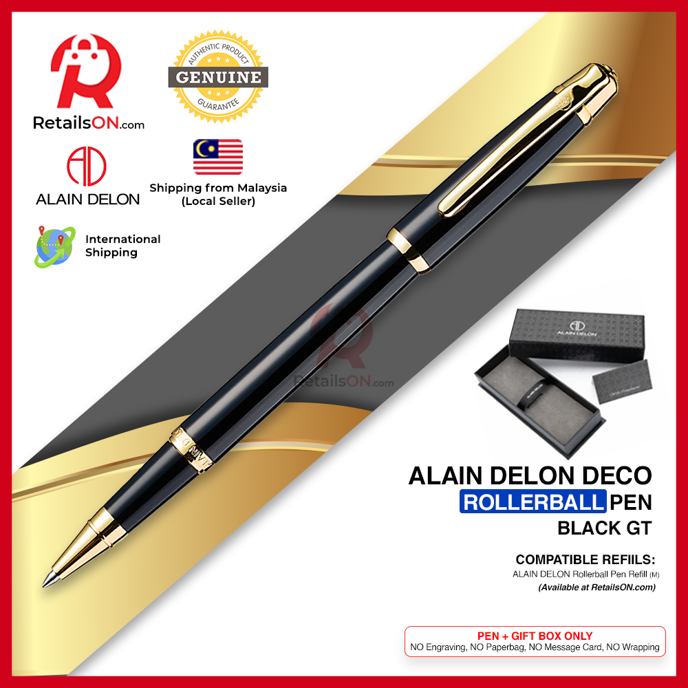 Alain Delon Deco Rollerball Pen - Black Gold Trim (with Black - Medium (M) Refill) / {ORIGINAL} / [RetailsON]