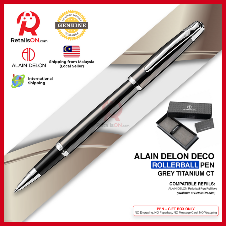 Alain Delon Deco Rollerball Pen - Titanium Grey Chrome Trim (with Black - Medium (M) Refill) / {ORIGINAL} / [RetailsON]