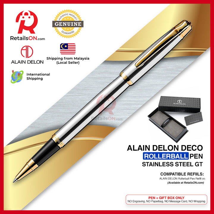 Alain Delon Deco Rollerball Pen - Brushed Steel Gold Trim (with Black - Medium (M) Refill) / {ORIGINAL} / [RetailsON]