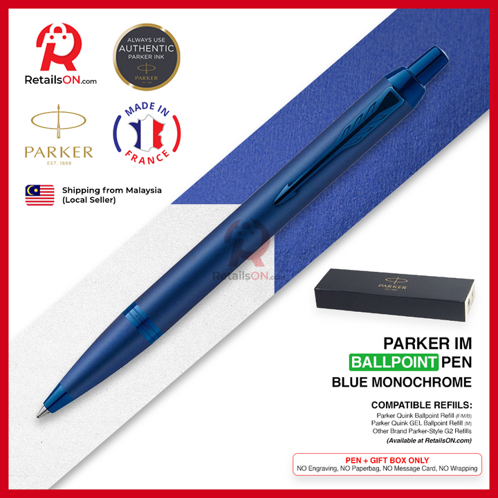 Parker IM Ballpoint Pen - Blue Monochrome (with Black - Medium (M) Refill) / {ORIGINAL} / [RetailsON]