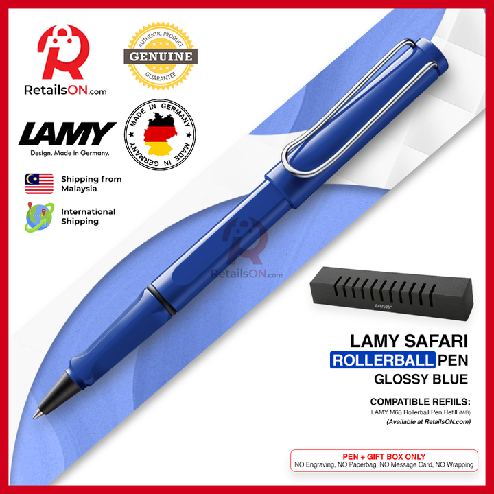 Lamy Safari Rollerball Pen - Glossy Blue (with Black - Medium (M) Refill) / {ORIGINAL, Made in Germany} / [RetailsON]