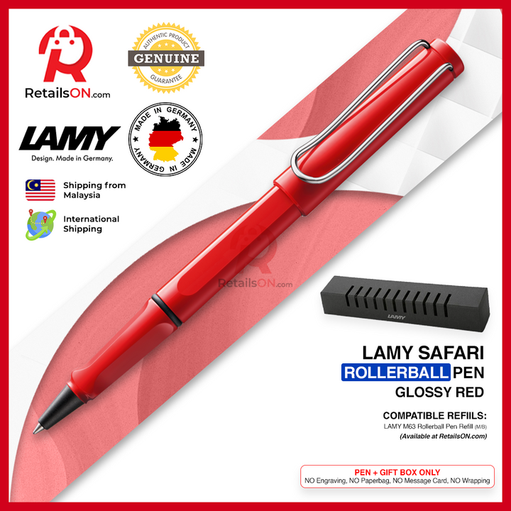 Lamy Safari Rollerball Pen - Glossy Red (with Black - Medium (M) Refill) / {ORIGINAL, Made in Germany} / [RetailsON]
