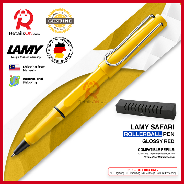 Lamy Safari Rollerball Pen - Glossy Yellow (with Black - Medium (M) Refill) / {ORIGINAL, Made in Germany} / [RetailsON]