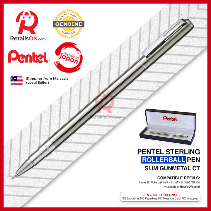 Pentel Sterling Ballpoint Pen - Gunmetal CT - SLIM / BL625A-A Energel LR7 refill [RetailsON]