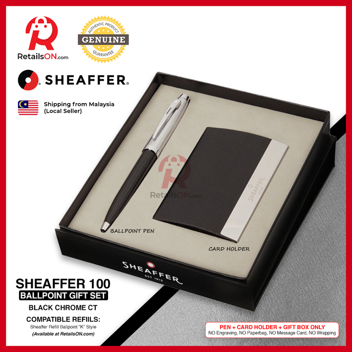 Sheaffer 100 Ballpoint Pen - Gift Set  - Black and Chrome (with Card Holder)  Refill Black - Medium (M) / [RetailsON]