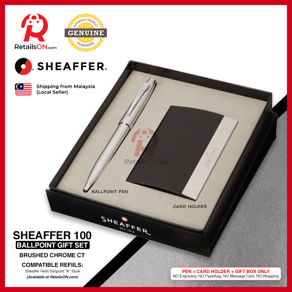 Sheaffer 100 Ballpoint Pen - Gift Set  - Steel Chrome (with Card Holder)  Refill Black - Medium (M) / [RetailsON]