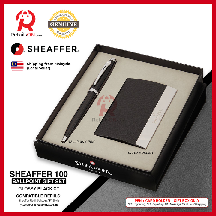 Sheaffer 100 Ballpoint Pen - Gift Set  - Black CT (with Card Holder)  Refill Black - Medium (M) / [RetailsON]