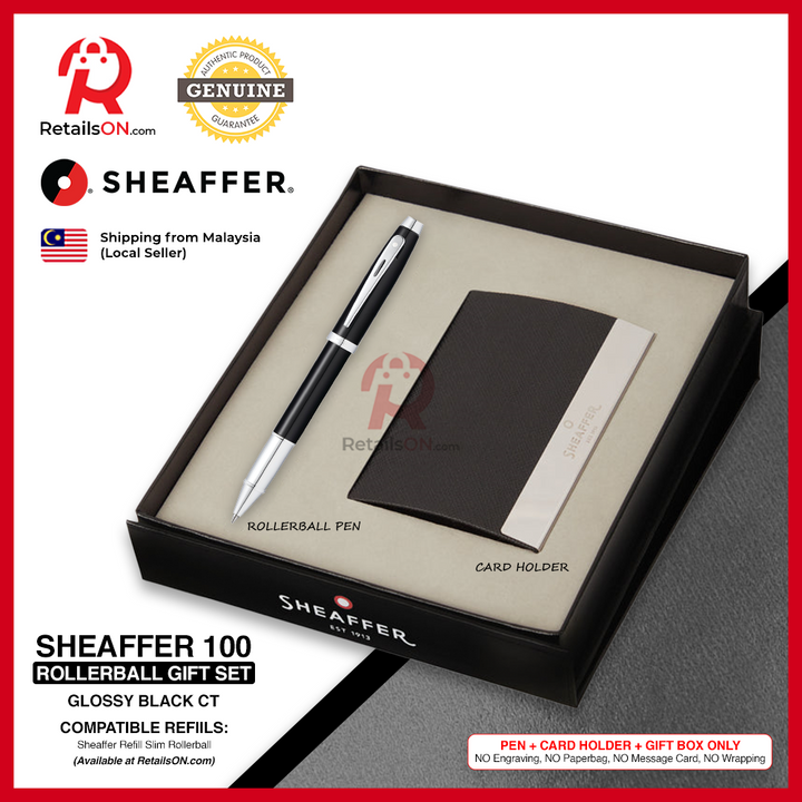 Sheaffer 100 Rollerball Pen - Gift Set  - Black Chrome Trim (with Card Holder)  Refill Black - Medium (M) / [RetailsON]