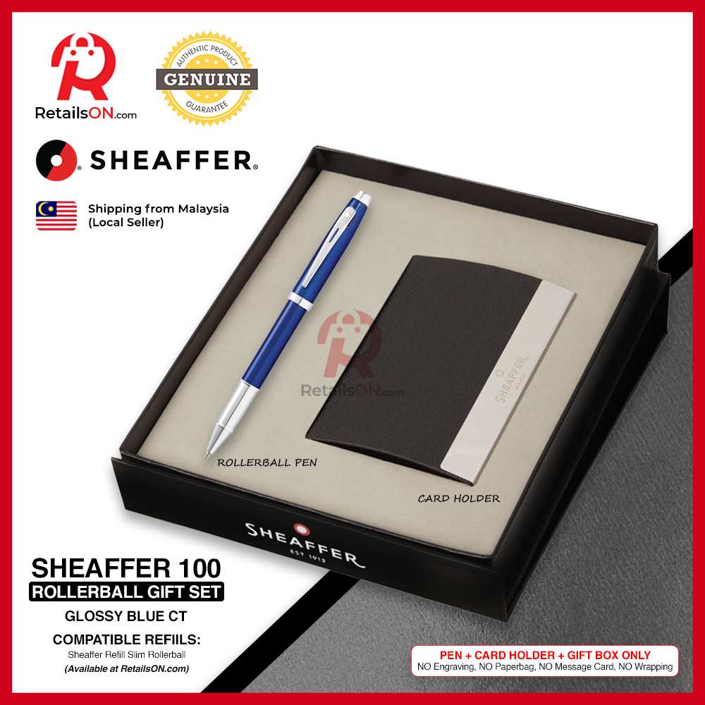 Sheaffer 100 Rollerball Pen - Gift Set  - Blue Chrome Trim (with Card Holder)  Refill Black - Medium (M) / [RetailsON]
