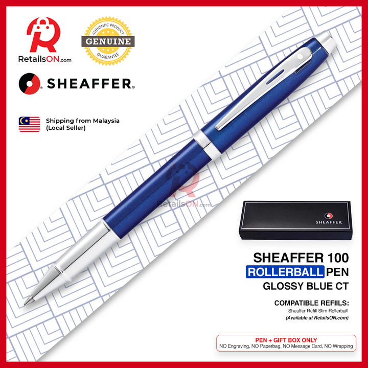 Sheaffer 100 Rollerball Pen - Blue Chrome Trim (with Black - Medium (M) Refill) / {ORIGINAL} / [RetailsON]