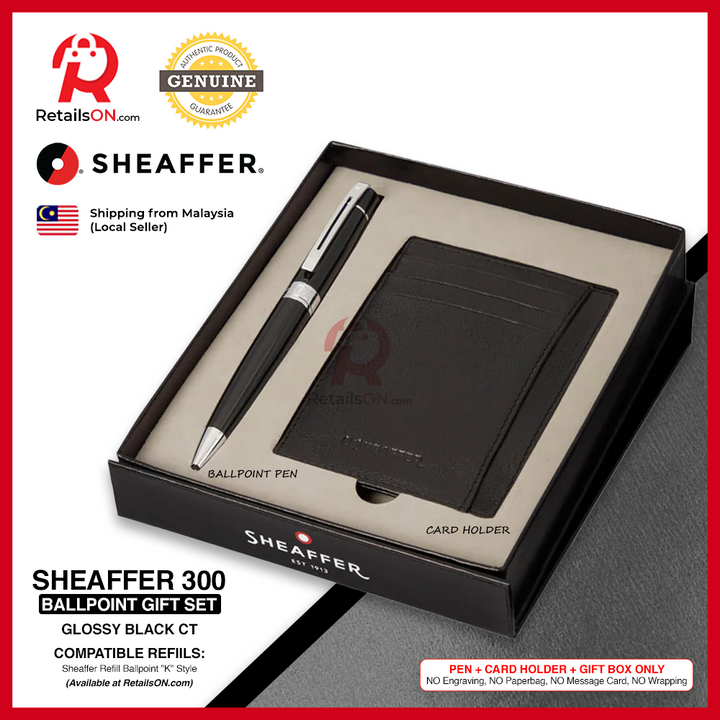 Sheaffer 300 Ballpoint Pen - Gift Set  - Black CT (with PU Card Holder)  Refill Black - Medium (M) / [RetailsON]