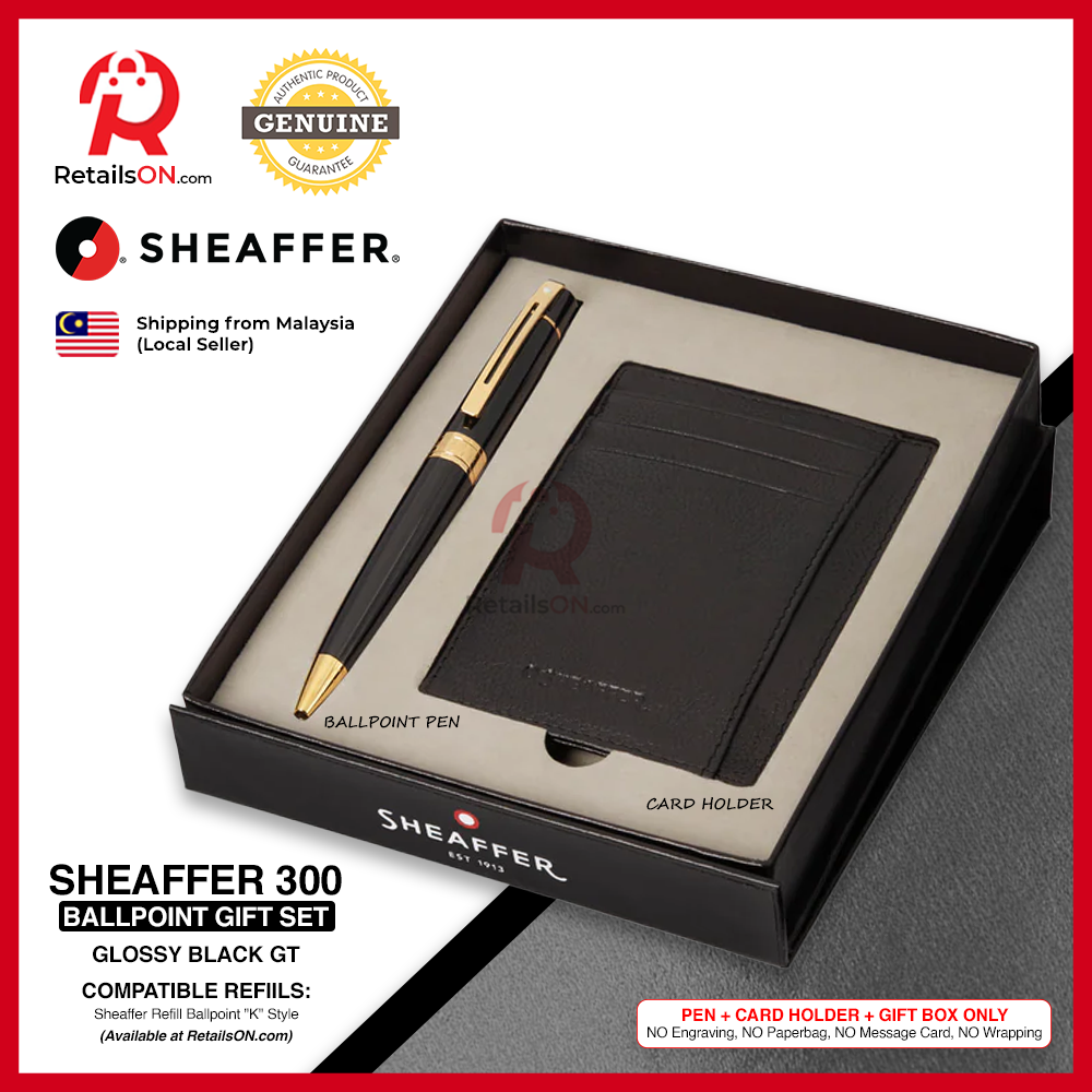 Sheaffer 300 Ballpoint Pen - Gift Set  - Black GT (with PU Card Holder)  Refill Black - Medium (M) / [RetailsON]