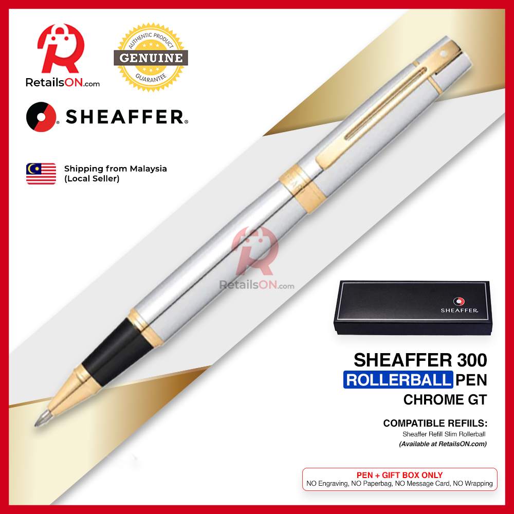 Sheaffer 300 Rollerball Pen - Glossy Chrome Gold Trim (with Black - Medium (M) Refill) / {ORIGINAL} / [RetailsON]