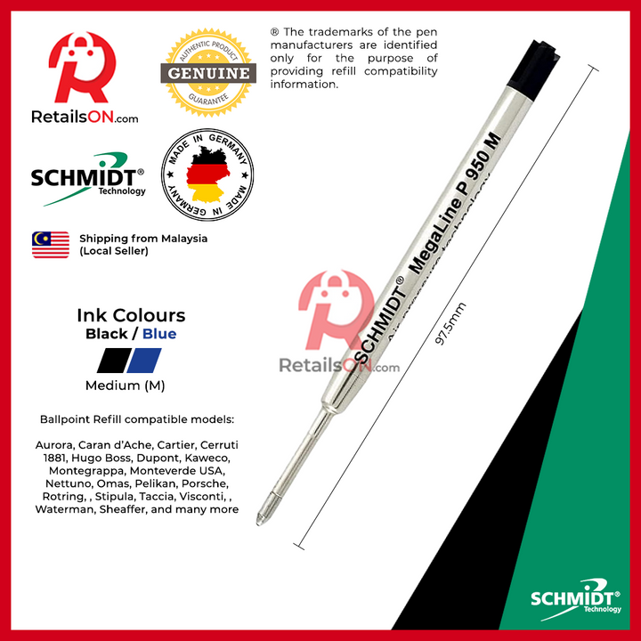 Schmidt Refill Megaline P950M for Ballpoint Pens - Medium (M) | Parker Style G2 Ballpoint Refill [1pc] | [RetailsON]