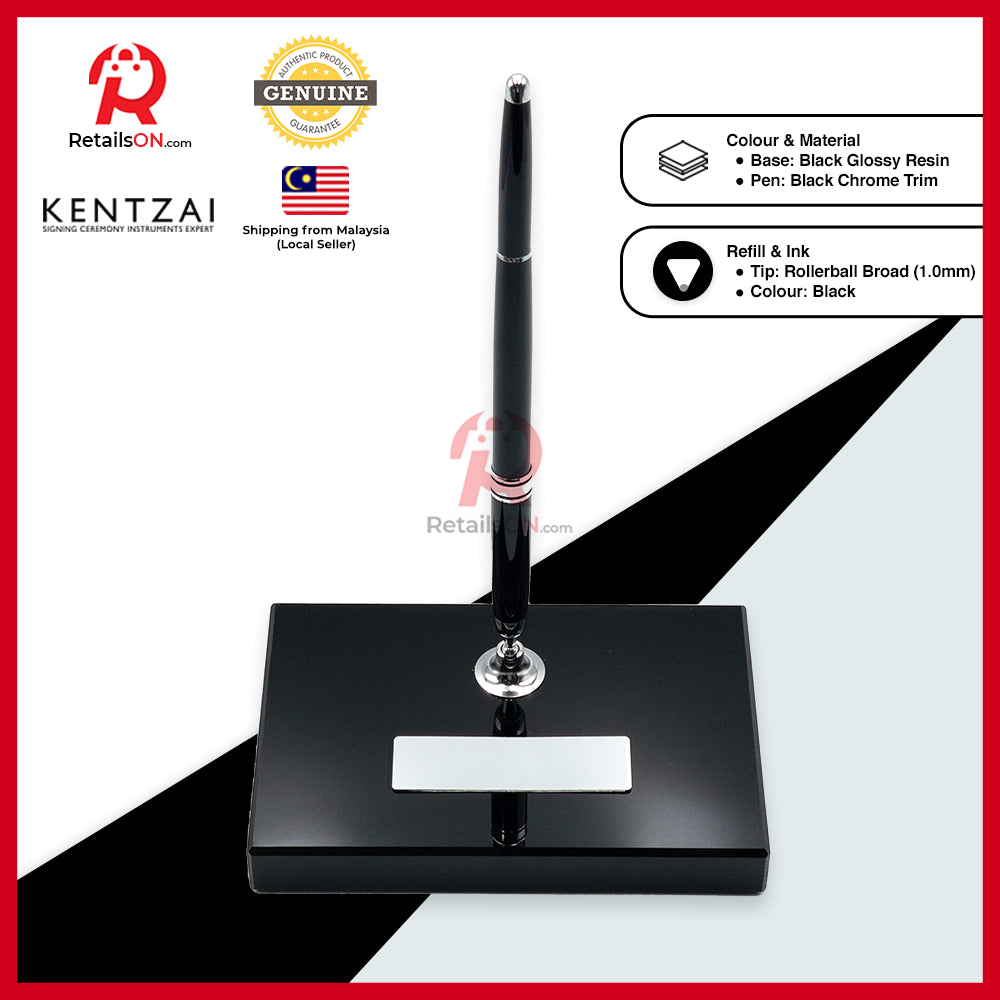 KENTZAI Desk Pen Stand Signing Ceremony - RESIN - Black Chrome Trim - SINGLE Pens / Majlis Menandatangani  [RetailsON]
