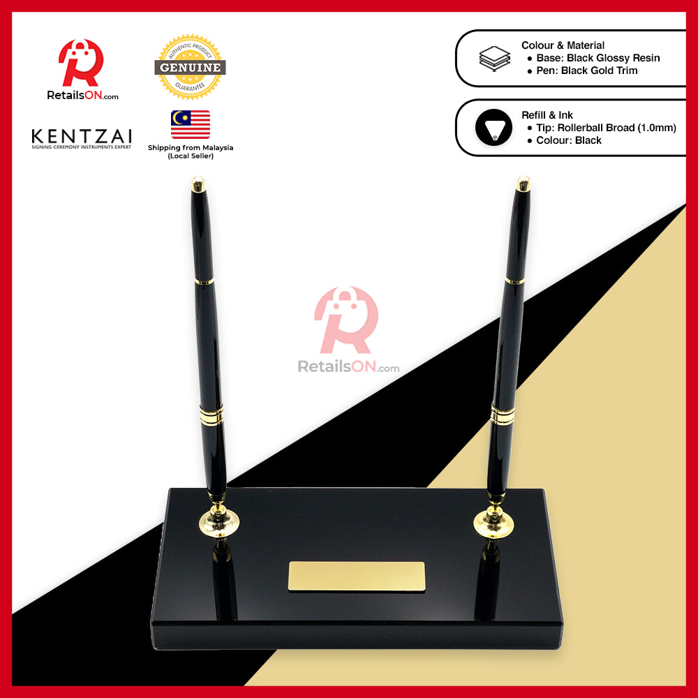 KENTZAI Desk Pen Stand Signing Ceremony - RESIN - Black GOLD Trim - DOUBLE Pens / Majlis Menandatangani MOU  [RetailsON]