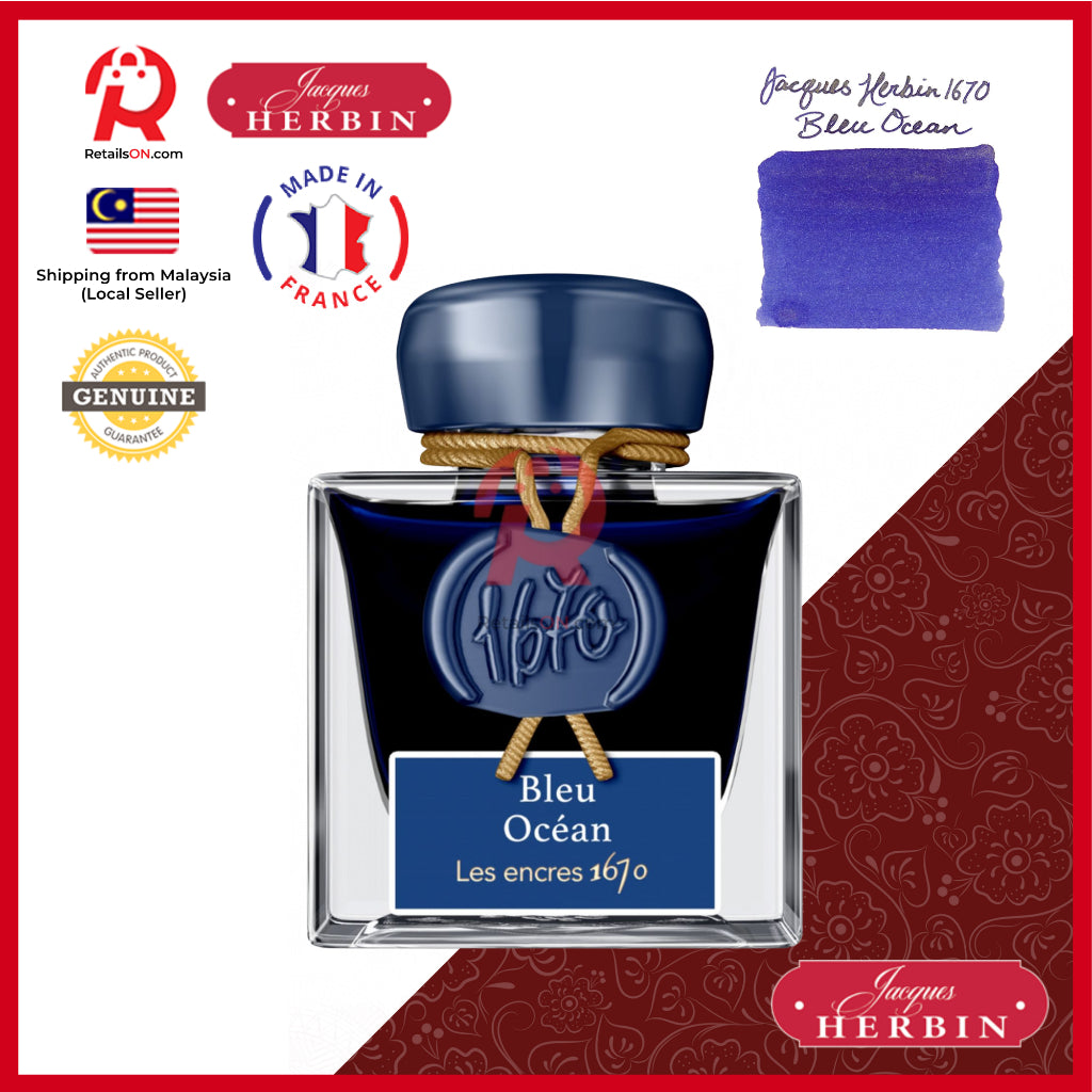Jacques Herbin Ink Bottle - 50ml Fountain Pen - 1670 Bleu Ocean Blue (with Glitter Sheen) / [RetailsON x J. Herbin]