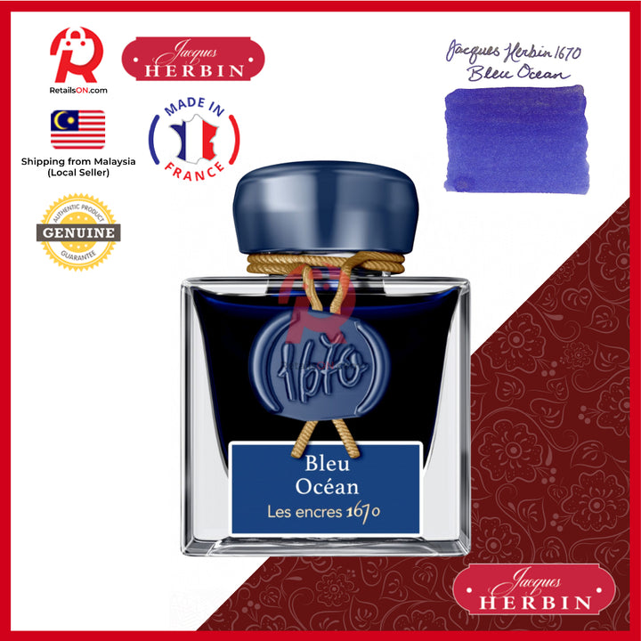 Jacques Herbin Ink Bottle - 50ml Fountain Pen - 1670 Bleu Ocean Blue (with Glitter Sheen) / [RetailsON x J. Herbin]