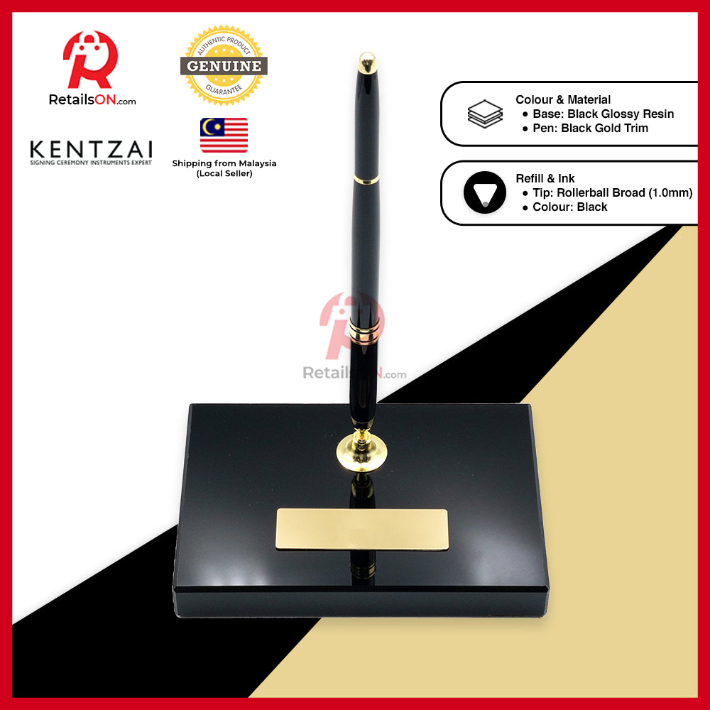 KENTZAI Desk Pen Stand Signing Ceremony - RESIN - Black GOLD Trim - SINGLE Pens / Majlis Menandatangani MOU  [RetailsON]