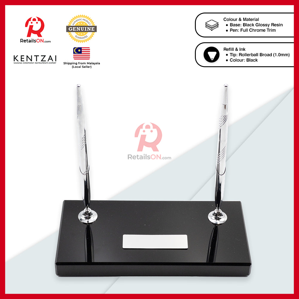 KENTZAI Desk Pen Stand Signing Ceremony - RESIN - FULL Chrome - DOUBLE Pens / Majlis Menandatangani  [RetailsON]