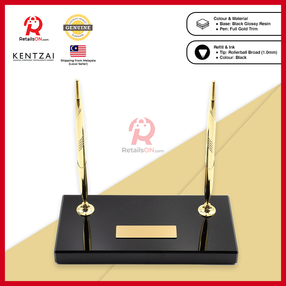 KENTZAI Desk Pen Stand Signing Ceremony - RESIN - FULL Gold - DOUBLE Pens / Majlis Menandatangani MOU Memo [RetailsON]