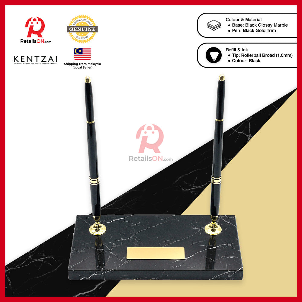 KENTZAI Desk Pen Stand Signing Ceremony - MARBLE - Black GOLD Trim - DOUBLE Pens / Majlis Menandatangani  [RetailsON]
