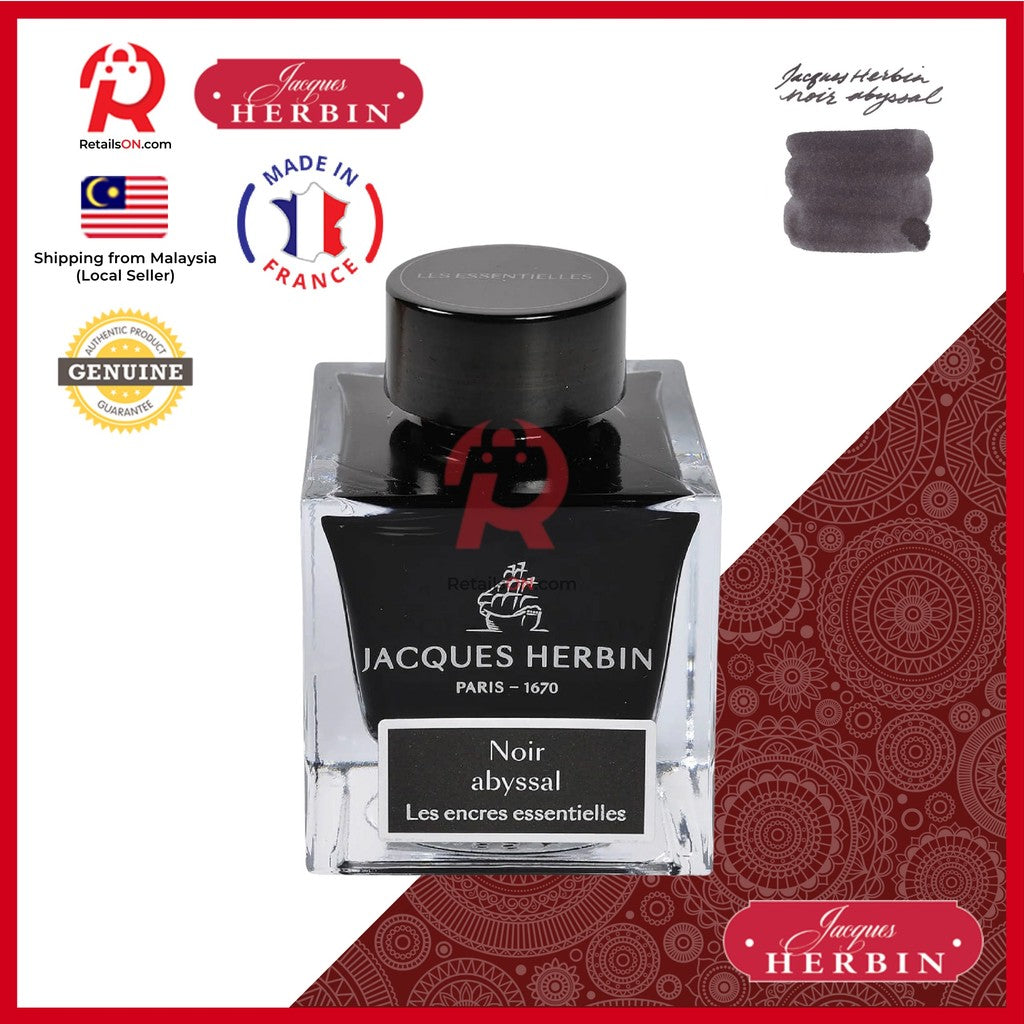 Jacques Herbin Ink Bottle - 50ml Fountain Pen - Essentials Series - Noir Abyssal Black / [RetailsON x J.Herbin]