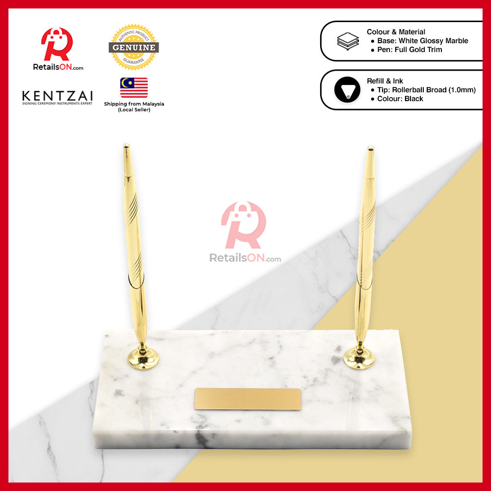 KENTZAI Desk Pen Stand Signing Ceremony - MARBLE - White FULL Gold - DOUBLE Pens / Majlis Menandatangani  [RetailsON]