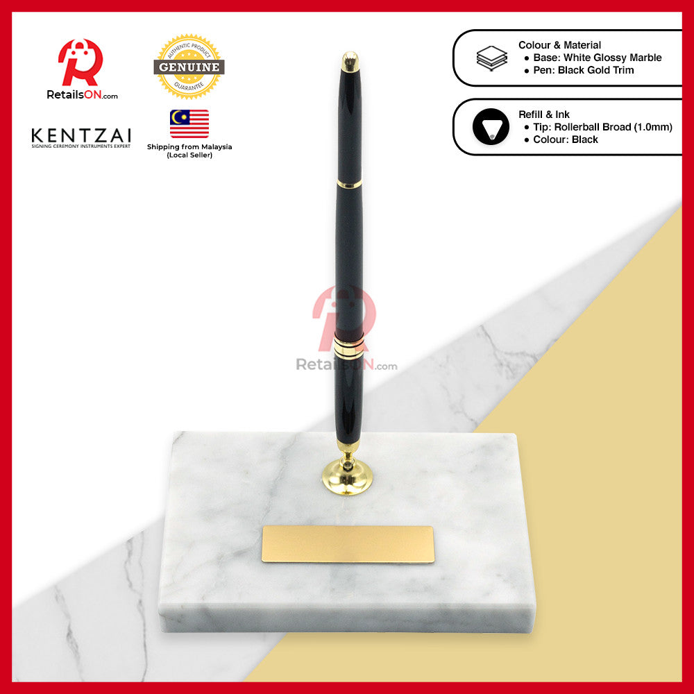 KENTZAI Desk Pen Stand Signing Ceremony - MARBLE - White GOLD Trim - SINGLE Pens / Majlis Menandatangani  [RetailsON]