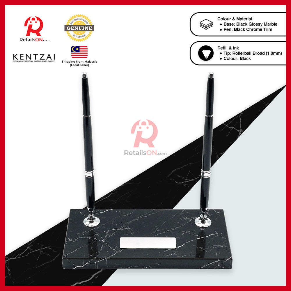 KENTZAI Desk Pen Stand Signing Ceremony - MARBLE - Black Chrome Trim - DOUBLE Pens / Majlis Menandatangani  [RetailsON]
