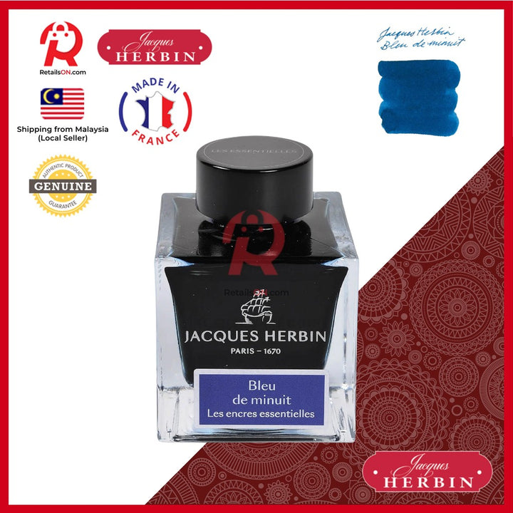 Jacques Herbin Ink Bottle - 50ml Fountain Pen - Essentials Series - Bleu de Minuit Blue / [RetailsON x J.Herbin]