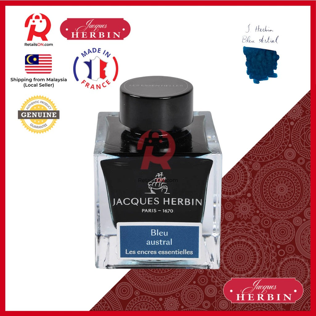 Jacques Herbin Ink Bottle - 50ml Fountain Pen - Essentials Series - Bleu Austral Teal Blue / [RetailsON x J.Herbin]