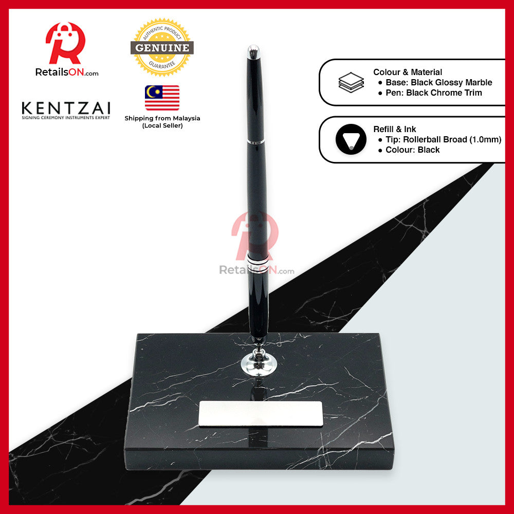KENTZAI Desk Pen Stand Signing Ceremony - MARBLE - Black Chrome Trim - SINGLE Pens / Majlis Menandatangani  [RetailsON]