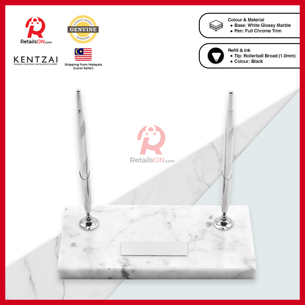 KENTZAI Desk Pen Stand Signing Ceremony - MARBLE - White FULL Chrome - DOUBLE Pens / Majlis Menandatangani  [RetailsON]