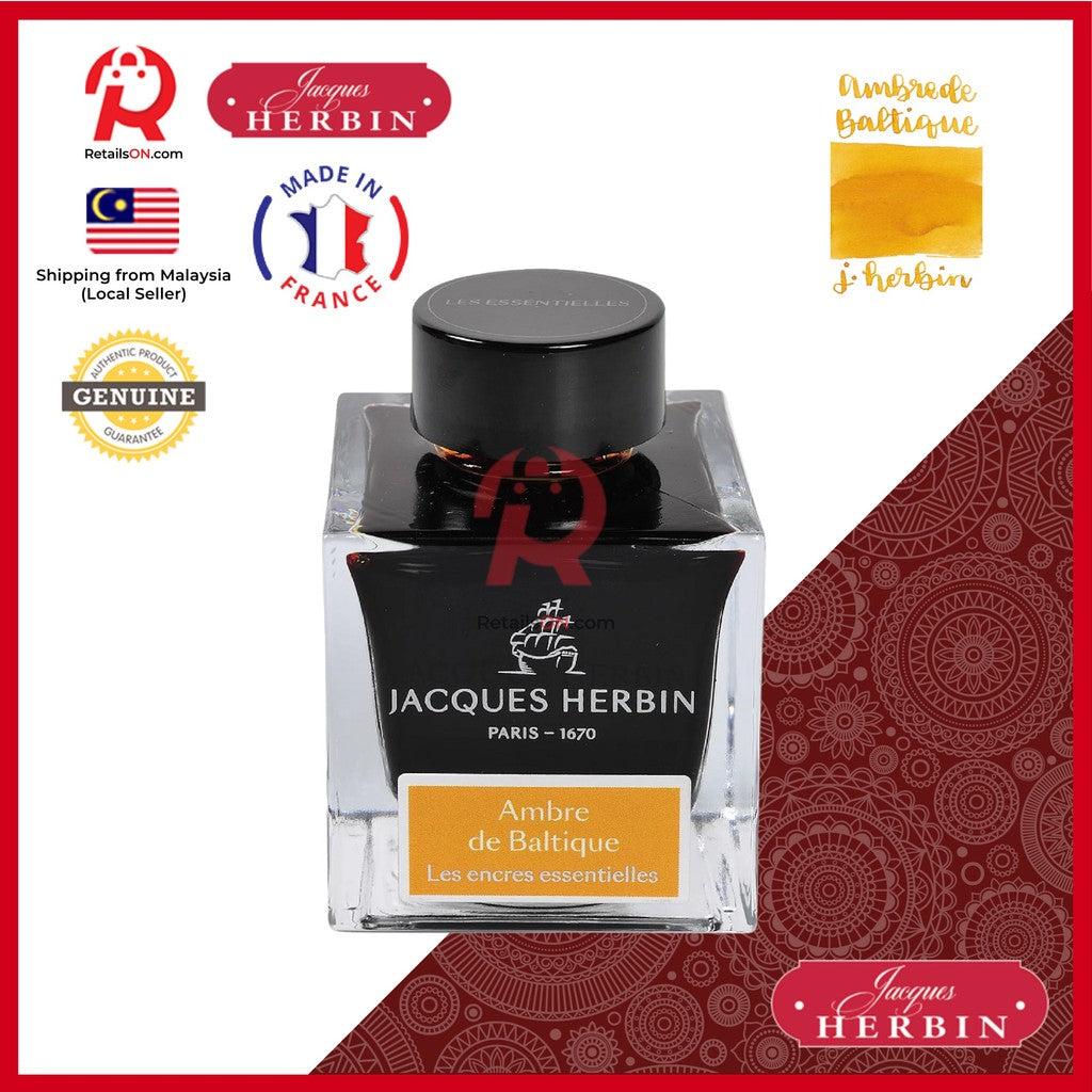 Jacques Herbin Ink Bottle - 50ml Fountain Pen - Essentials Series - Ambre de Baltique Yellow / [RetailsON x J.Herbin]