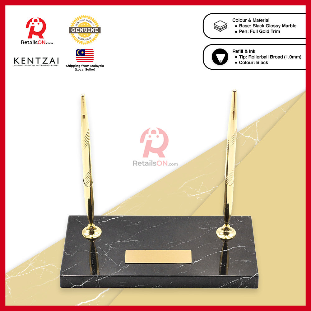 KENTZAI Desk Pen Stand Signing Ceremony - MARBLE - FULL Gold - DOUBLE Pens / Majlis Menandatangani  [RetailsON]
