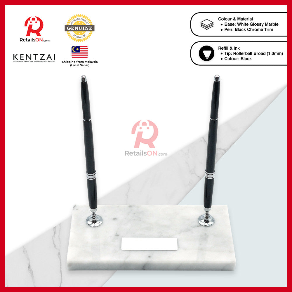 KENTZAI Desk Pen Stand Signing Ceremony - MARBLE - White Chrome Trim - DOUBLE Pens / Majlis Menandatangani  [RetailsON]
