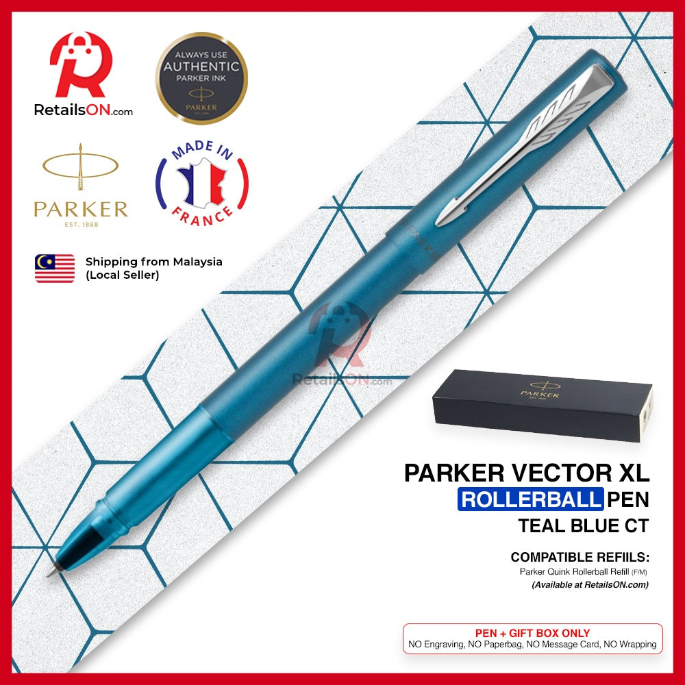 Parker Vector XL Rollerball Pen - Teal Blue Chrome Trim (with Black - Medium (M) Refill) / {ORIGINAL} / [RetailsON] - RetailsON.com (Premium Retail Collections)
